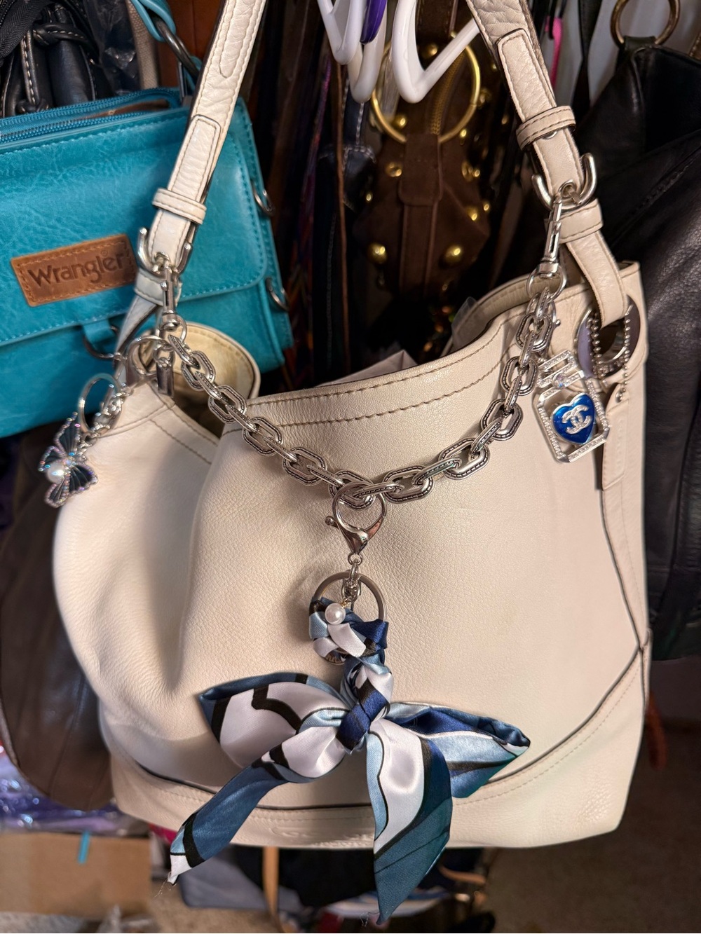 Silver Chain & Navy Scarf Charm, authentic Chanel & butterfly charms